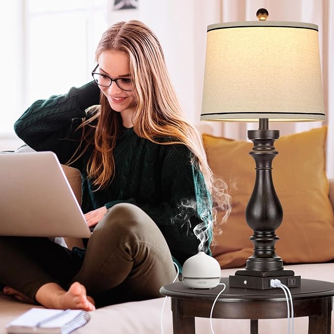 Cinkeda 29" Tall Table Lamp for Living Room Set of 2,Farmhouse Vintage Bedside Nightstand Lamps with USB C+A Ports & AC Outlet,3-Way Dimmable Touch Control Retro Black Lamp for Bedroom,Color 5