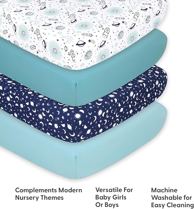 The Peanutshell Baby Crib Sheets 4-Pack for Girl or Boy - Soft, Oval & Fitted Baby Girls or Boys Crib Sheet, Rectangle, Fitted Covers, Halo Mattress - Space