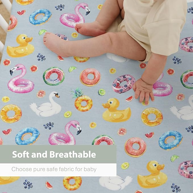 Summer Pool Floats Baby Crib Sheets for Boy Girl 52x28Inch Fun Beach Flamingo Duck Fruits Floats Soft Stretchy Fitted Crib Mattress Cover Travel Vacation Baby Sheet for Crib & Toddler Bed Mattress