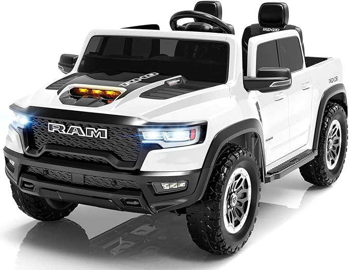 Licensed RAM 1500 RHO 24V Ride on Toys for Boys & Girls, 2 Seater Kids Electric Car, Kids Ride on Car w/Remote Control, LED Lights, Bluetooth Music, Truck Bed Storage(White)