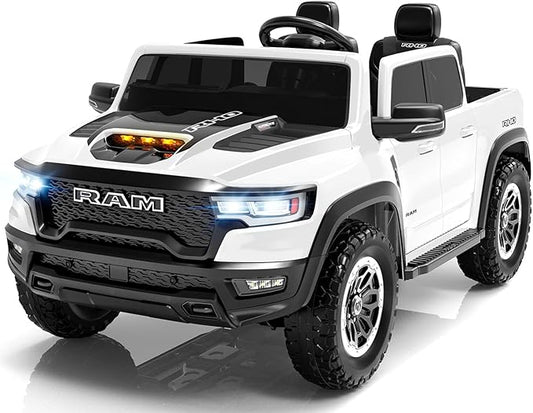 Licensed RAM 1500 RHO 24V Ride on Toys for Boys & Girls, 2 Seater Kids Electric Car, Kids Ride on Car w/Remote Control, LED Lights, Bluetooth Music, Truck Bed Storage(White)