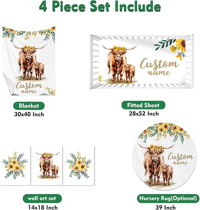 Personalized Baby Crib Bedding Set: 4 Piece Custom Yellow Highland Cattle Crib Bed Set with Name, Nursery Bedding Set for Baby Girls, Newborn Boys Crib Sets, Crib Bedding Custom Gift, Crib Sheet