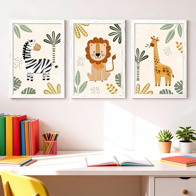 Cute Zebra Lion Giraffe Quote Framed Wall Art Set of 3, 11x16 Boho Educational Animal Wall Sign for Baby Girl Kid Boy Toddlers, Wooden Inspirational Nursery Wall Decor White