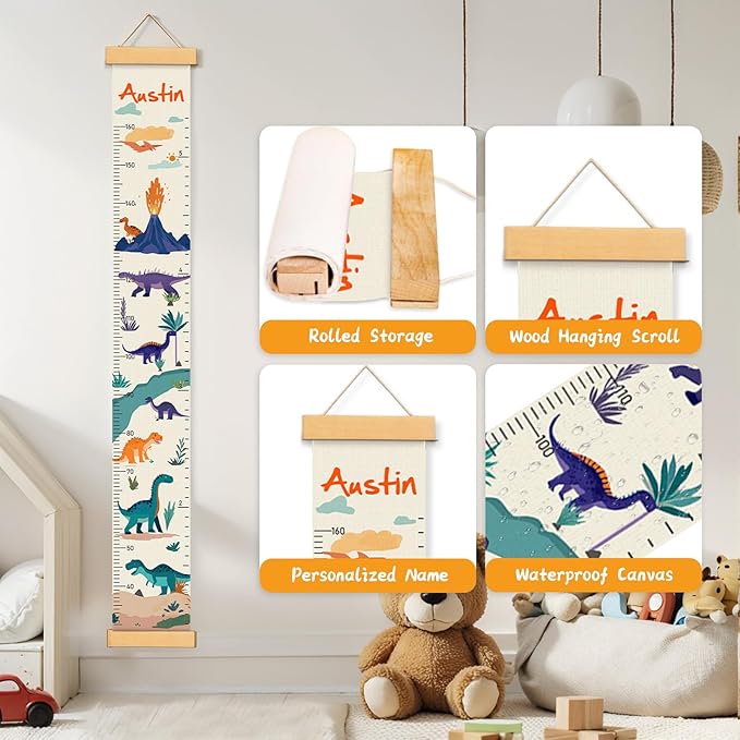 Woodemon Customize Name Canvas Growth Chart for Kids, Dinosaur Unisex Kids Room Wall Decor, Measuring Height Chart, Wall Tape with Height Chart for Kids, Foldable Height Tracker, Lightweight