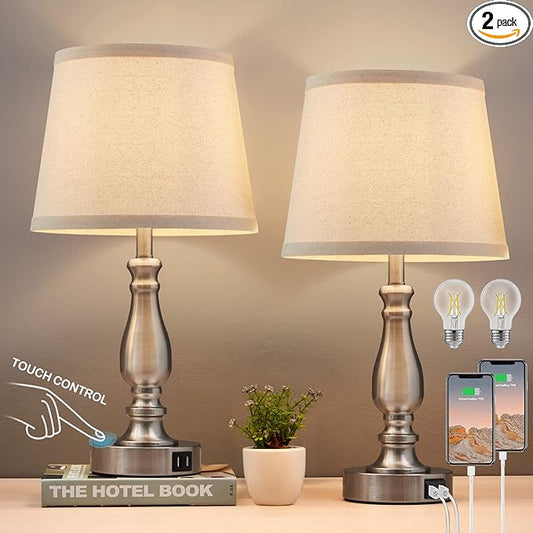 EJIAXIN Lamps for Bedrooms Set of 2, Brushed Nickel Bedside Lamps with USB C+A Ports,Dimmable Nightstand Lamps with Fabric Lampshade, Touch Table Lamp for Living Room Bedroom Office, Bulbs Included