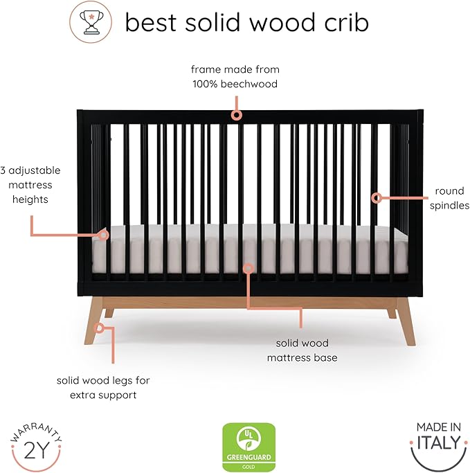 dadada Baby Soho 3-in-1 Convertible Wooden Crib to Toddler Bed - Made in Italy, GREENGUARD Gold Certified, Baby-Safe Finish, Handcrafted Beechwood, Modern Design, 3 Adjustable Heights (Black/Natural)