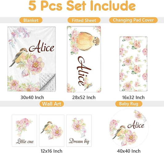 Custom Baby Bedding Set - 5 Pcs Customized Nursery Bedding Set with Name - Comfortable Double Layer Crib Sets for Girls Boys - Personalized Gifts for Infants Toddlers New Parents - Floral Bird