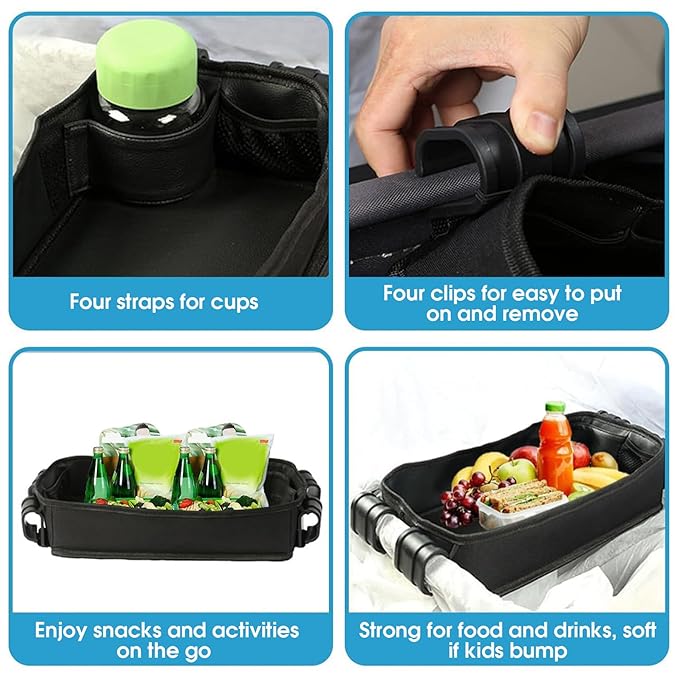 Stroller Snack Tray 20.5x9.3 Inch Snack Tray with Side Mesh Pocket and Cup Holders, Double Sided Bottom Padding Wagon Stroller Accessories Wagon Accessories