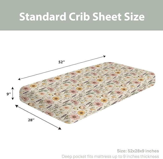 Vintage Floral Baby Crib Sheets for Boy Girl 52"x28" Retro Boho Flowers Soft Stretchy Fitted Crib Mattress Covers Wild Plant Spring Summer Baby Sheet for Standard Crib & Toddler Mattress Pad