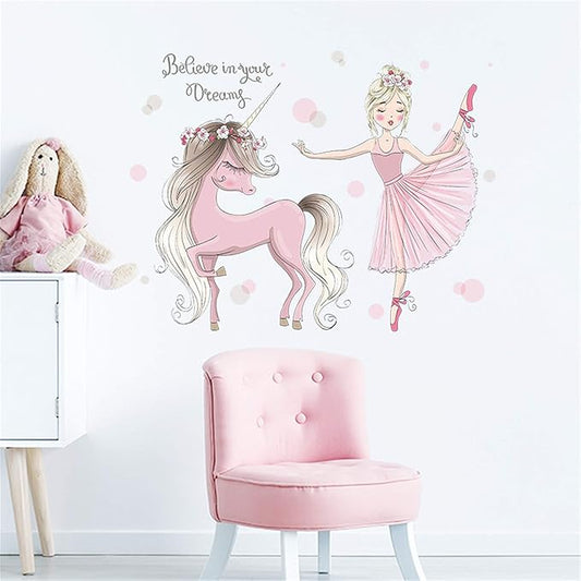 ROFARSO Colorful Cute Lovely Wall Stickers for Kids Peel and Stick Removable Wall Decals DIY Decorations Decor for Nursery Baby Girls Bedroom Playroom Living Room (Ballet Girl with Unicorn)