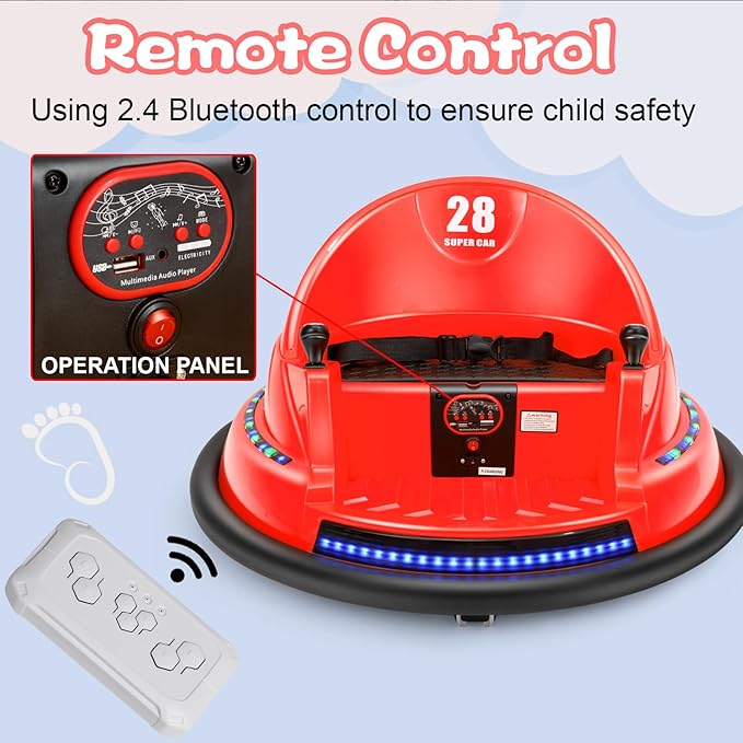 Edostory Electric Ride On Bumper Car Kids 12V 3-Speeds for Toddlers, 1.5-8 Years Old Baby Bumping Toy Cars, DIY Sticker Baby Toy Gifts, Remote Control, Bluetooth, 360 Spin ASTM-Certified Red