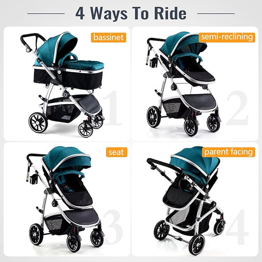 Baby Stroller, 2-in-1 Reversible Toddler Seat with Bassinet Mode, Foldable Infant Stroller with Canopy, One Button Brake, Adjustable Handle, Newborn Pushchair(Blue)