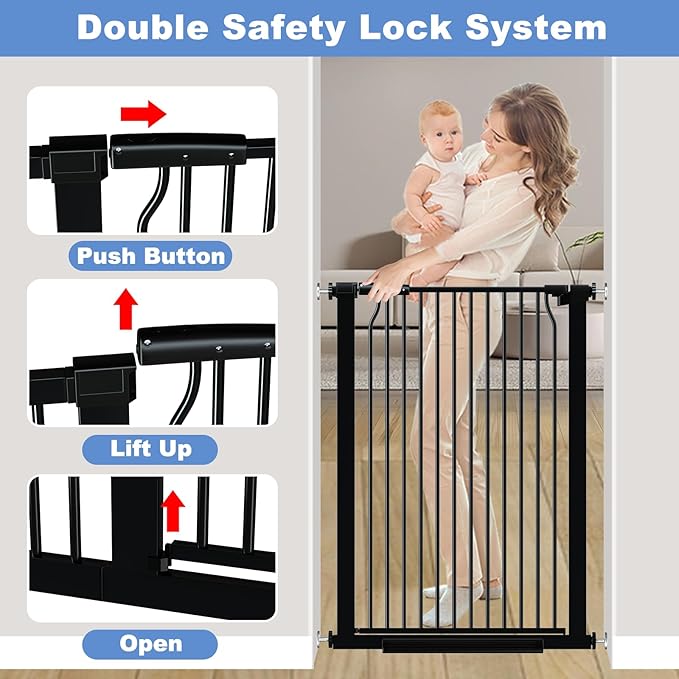 60.2"-65.7" Baby Gates Extra Wide, 40.5" Tall Dog Gate Indoor, Walk Through Pet Gates for Doorways Kitchen No Drilling Auto Close Pressure Mounted Safety Child Toddler Gate, Black