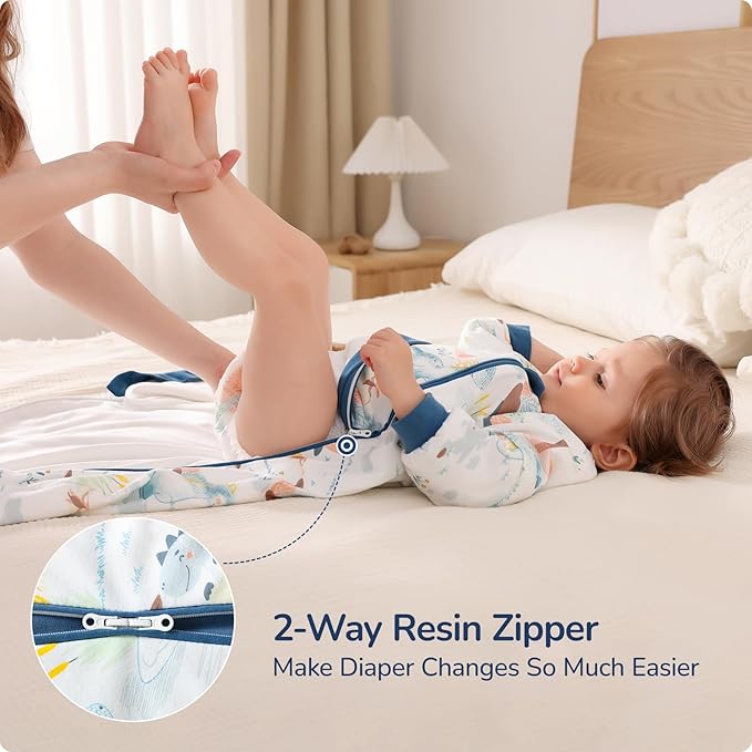 Baby Sleep Sack 12–18 Months, Cotton Sleep Sack with Detachable Long Sleeves, 1.0 TOG Wearable Blanket for Cooler Nights, 2-Way Zipper Toddler Sleeping Sack with Temperature Strip, Dinosaur