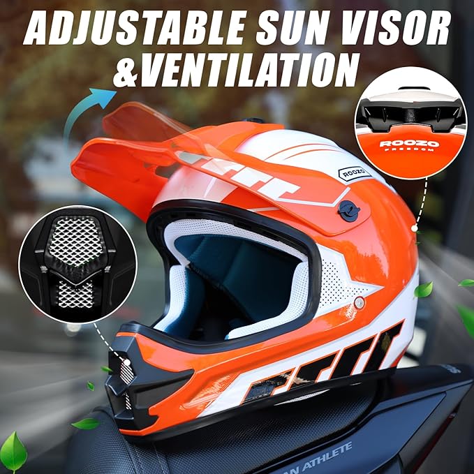 Youth Dirt Bike Helmet DOT Certified - Full Face Motorcycle Helmet for Off-Road, ATV, Street Riding, Includes Adjustable Goggles & Protective Gloves