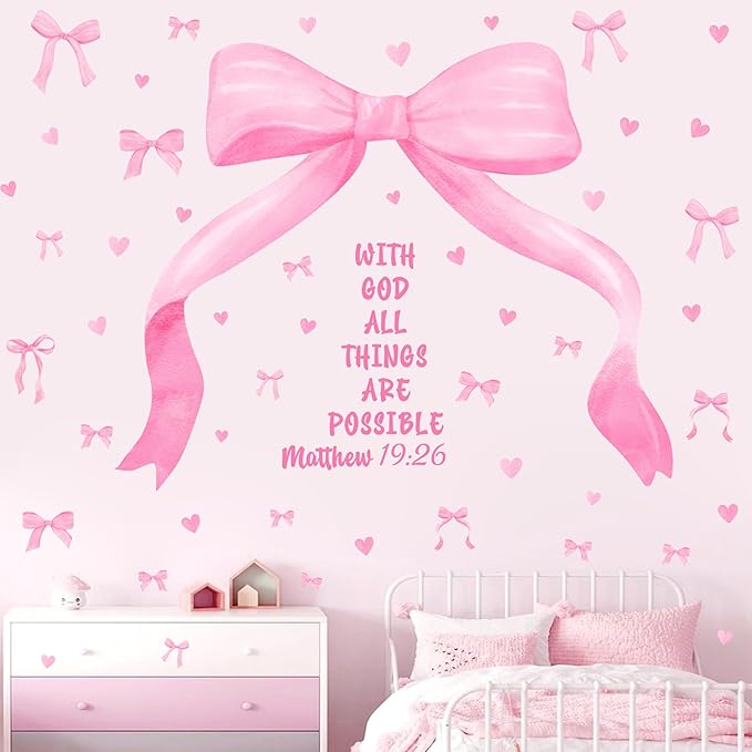 Large Watercolor Girls Room Wall Decals Pink Bow Wall Stickers Peel and Stick Pastel Pink Bow Decor for Baby Room Coquette Sticker Inspirational Quotes Vinyl Decal Art Mural for Nursery Kids Playroom