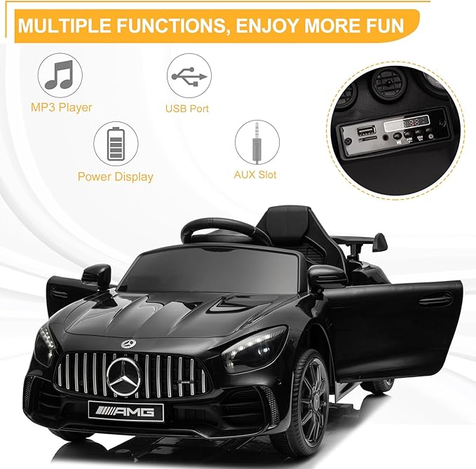 Winado 12V Ride on Car, Licensed Mercedes Benz AMG GTR Battery Powered Electric Vehicle, w/Parent Remote, Wider Seat, LED Lights, Openable Doors, MP3 Player, Smooth Start, 3 Speeds - Black