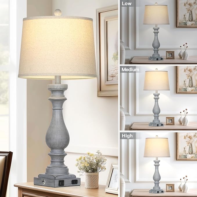 Cinkeda 29" Tall Farmhouse Table Lamp for Living Room Set of 2,Vintage Retro Nightstand Lamps with USB C+A Ports & AC Outlet,3-Way Dimmable Touch Bedside Lamp for Bedroom Side Table,Light Grey