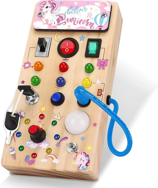 Hoarosall Unicorn Wooden Busy Board Sensory Toys with 8 LED Light switches,Christmas Travel Toys Montessori Toys for 1 Year Old Babies Toodler