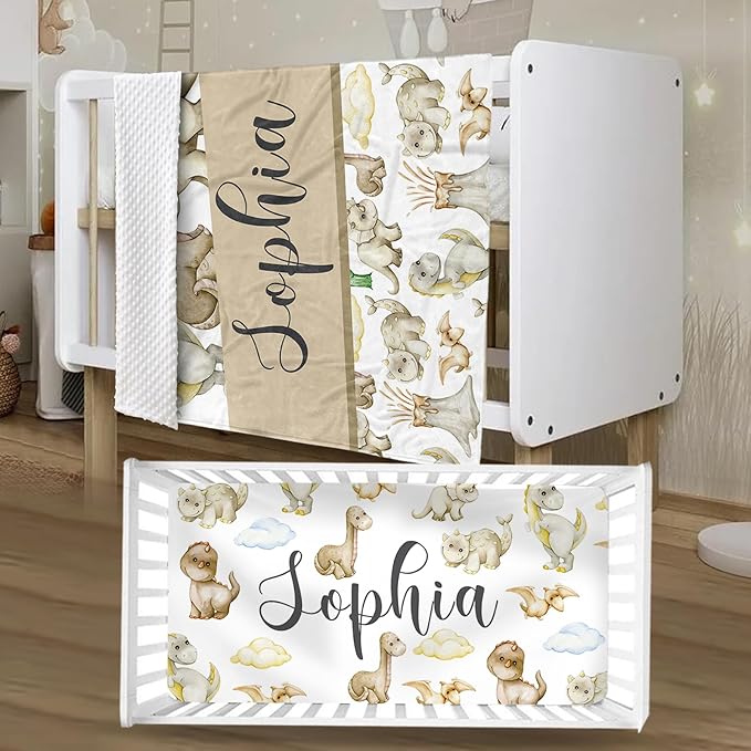 Personalized Crib Bedding Set for Boys Girls, Custom Baby Crib Sets with Name, Cute Dinosaur Theme Nursery Bedding 2 Piece - Soft Blanket with Double Layer Dotted Backing, Crib Fitted Sheet