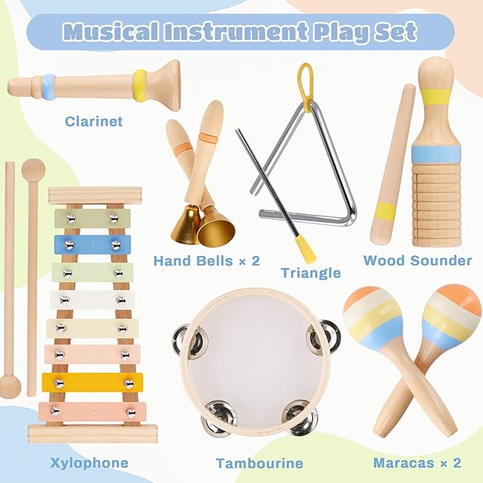 Montessori Wooden Musical Instruments for Toddlers 1-3, Baby Music Toy Set with Xylophone, Tambourine, Triangle, Clarinet, Maracas, Natural Sensory Educational Toys for Boys and Girls