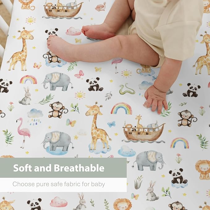 Cute Animals Ship Baby Crib Sheets for Boy Girl 28"x52" Lion Panda Giraffe Flamingo Rainbow Sun Leaves Soft Snug Fitted Crib Mattress Cover Wildlife Baby Sheet for Standard Crib & Toddler Bed Mattress