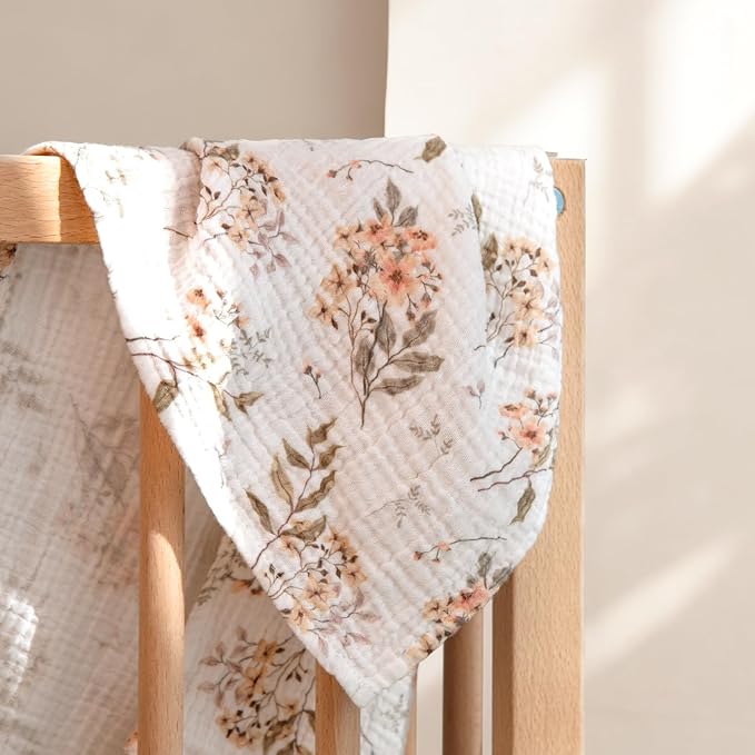 lulumoon Muslin Swaddle Blankets for Baby: Soft Cotton Newborn Receiving Blankets - Floral Print Nursery Gift Set for Baby Girls(Olive Flower)