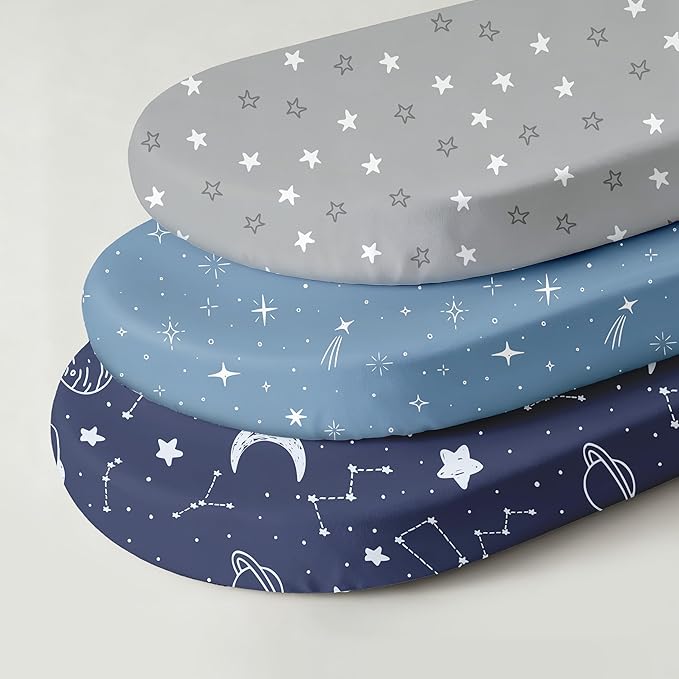 Baby Bassinet Sheets 3 Pack, Fitted Cradle Sheets for Boys & Girls, Ultra Soft Breathable 32" x 16", Universal Fit for Rectangle Round Oval Hourglass Mattress (Blue Gray Planet)