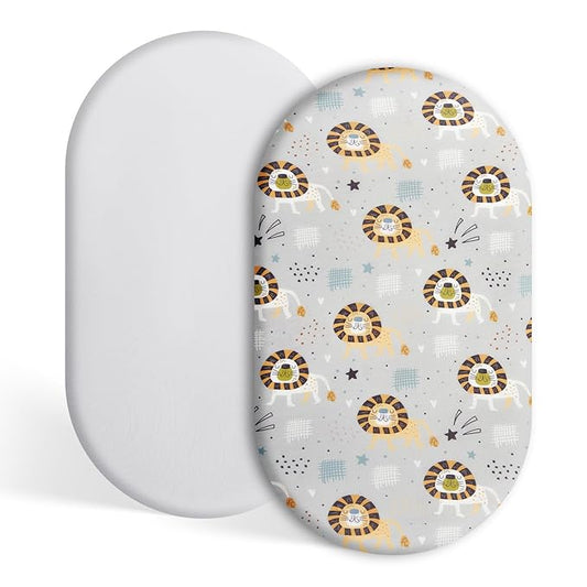 TILLYOU Baby Bassinet Sheets for Girls Boys, Fit for Hourglass Oval Rectangle Bassinet Mattress Sheets, 33”X16”, 2 Pack Lion's Paradise and Grey