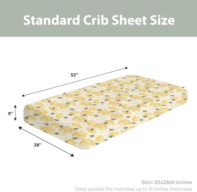 Honeycomb Bees Baby Crib Sheets for Boy Girl 52x28Inch Yellow Bee Honey Soft Stretchy Fitted Crib Mattress Covers Spring Summer Nursery Baby Sheets for Standard Crib and Toddler Bed Mattresses