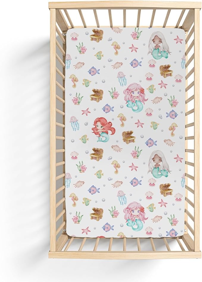 Cute Mermaids Baby Crib Sheets for Boy Girl 28"x52" Mystical Mermaids Fishes Sea Horse Jellyfish Soft Snug Fitted Crib Mattress Cover Ocean Animals Baby Sheet for Standard Crib & Toddler Bed Mattress
