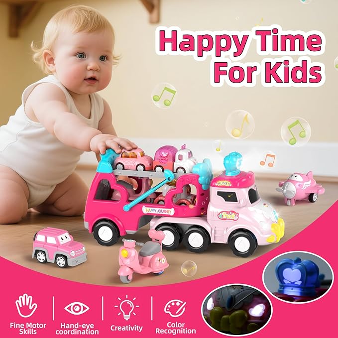 Truck Toys for 2 3 Year Old Girl, 7-in-1 Carrier Truck Car for Toddler Girl, Toys Cars Age 2-3-4 with Light & Music, Birthday Gifts for 2+ 3+ Year Old Girls