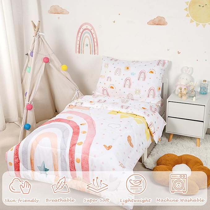 Toddler Bedding Set for Girls, 4 Piece Rainbow Toddler Girl Bedding Set, Super Soft & Lightweight Toddler Comforter Set Includes Comforter, Flat Sheet, Fitted Sheet, Pillowcase (Pink)