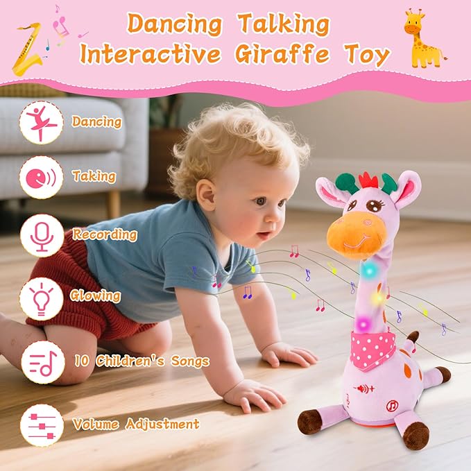 Dancing Talking Giraffe Toy, Stuffed Animal Baby Toy Repeating What You Say, Glowing Musical Electronic Giraffe Gifts for Toddlers 1-3 Years Old (Purple Giraffe)