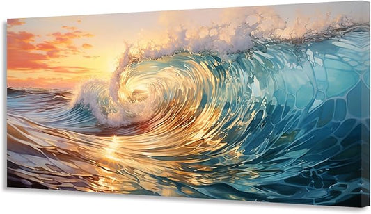 KUNHAAH Wall Art Canvas Painting Big Waves in the Sea 1 Piece Ocean Sunset Huge Waves Nature Picture Poster Print Framed and Stretched Ready to Hang for Living Room Bedroom Artework