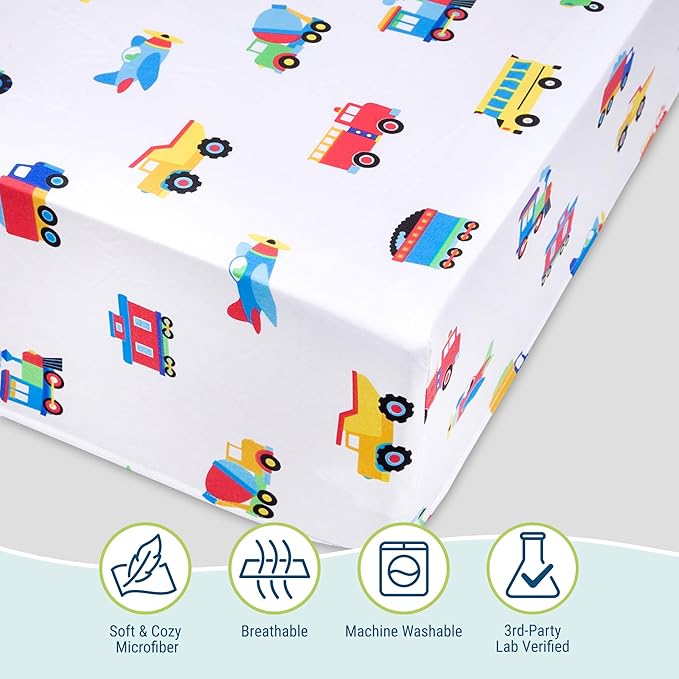 Wildkin Kids 100% Microfiber Crib Sheet – Soft, Breathable Fitted Sheet - Trains, Planes, and Trucks