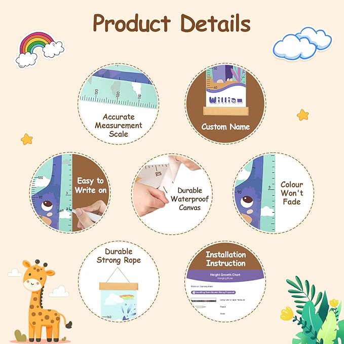 Personalized Painted Elephant Growth Chart for Wall Kids, Name Height Chart for Kids, for Nursery & Bedroom, Baby Shower Gift (59" x 7.8")