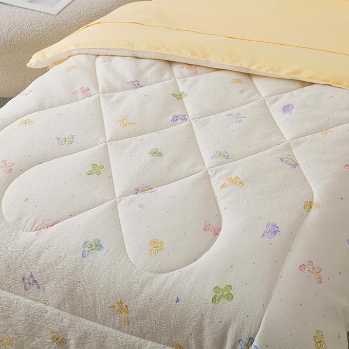 Caressma 5 Pieces Twin Comforter Set for Kids - Soft Prewashed Cotton Colourful Butterfly Print Bedding Set, Includes Comforter, Fitted Sheet, Flat Sheet, Pillow Case & Pillow Sham for All Seasons