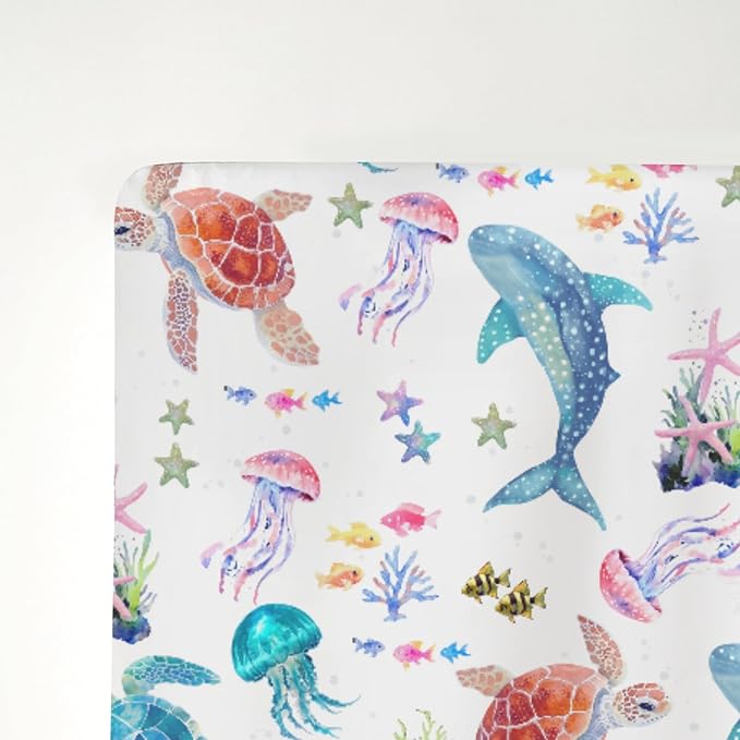 Fantasy Sea Animals Baby Crib Sheets for Boy Girl 28"x52" Turtle Whale Jellyfish Corals Soft Stretchy Fitted Crib Mattress Covers Nautical Marine Baby Sheet for Standard Crib & Toddler Bed Mattress