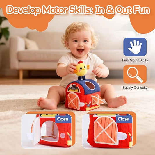 Baby Toys 6-12 Months, Soft Barn Montessori Sensory Infant Toy for 6 7 8 9 10 Month Old, 1st Birthday Baby Gifts for 1 Year Old Boy Girl, Stuffed Farm Animals, Rattle Squeaky Crinkle Sound & Mirror