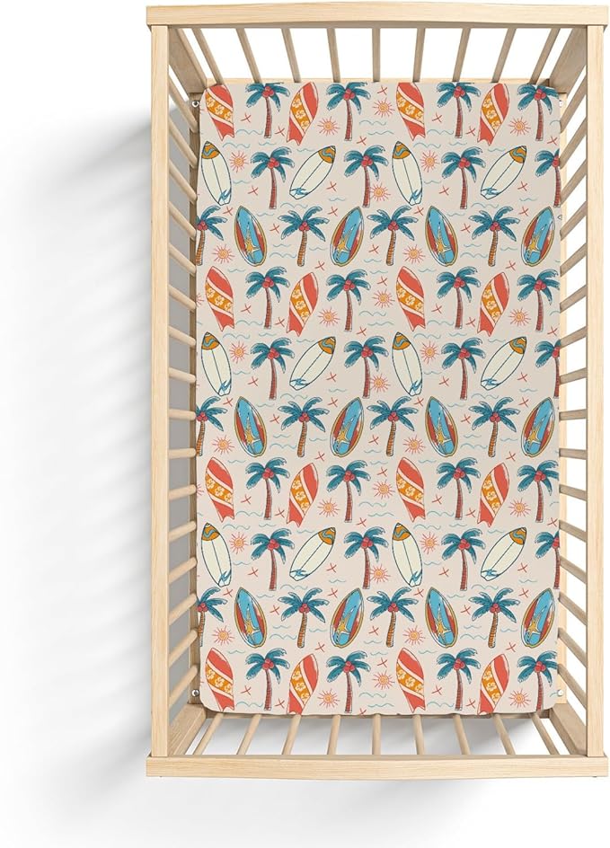 Retro Boho Surfing Baby Crib Sheets for Boy Girl 52x28Inch Summer Surfboards Coconut Palm Trees Sun Soft Snug Fitted Crib Mattress Cover Beach Life Baby Sheet for Standard Crib & Toddler Bed Mattress