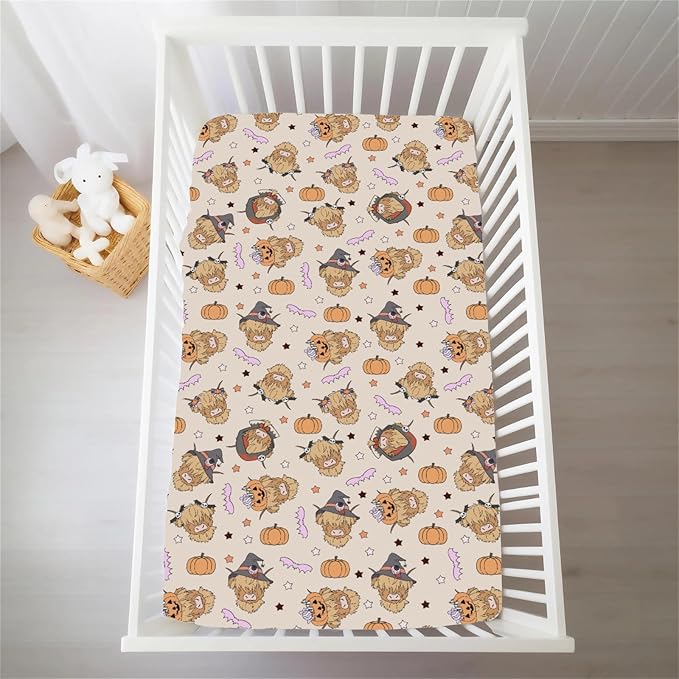 Highland Cow Halloween Baby Crib Sheets for Boy Girl Western Cowboy Fall Pumpkin Bats Soft Snug Fitted Crib Mattress Covers for 52''x28'' Standard Crib & Toddler Mattress Spooky Farm Animal Bed Sheet
