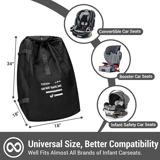 ProFaster Car Seat Travel Bag Backpack for Air Travel Universal Infant Carseat Gate Check Bag Cover for Airplane, Foldable with Pouch, Gray