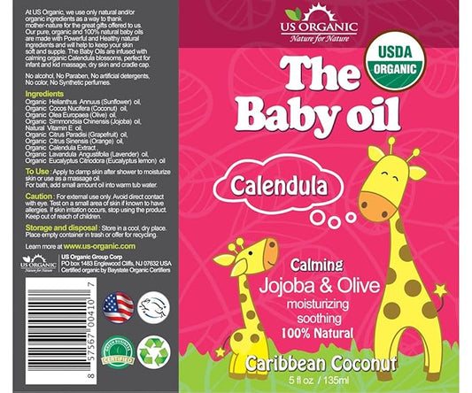 US Organic Baby Oil with Calendula, Smooth Caribbean Coconut, Certified Organic by USDA, Jojoba & Olive Oil with Vitamin E, No Alcohol, Paraben, Artificial Detergents, Color, Synthetic Perfume, 135ml