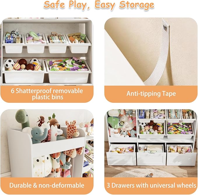 VortinT Kids Stuffed Animal Storage, 50.6" W x 41.3" H Large Toy Organizer Shelf with 6 Plastic Bins, 3 Rolling Drawers, Wooden Toddler Toy Organization Shelves for Play Room, Nursery(White)