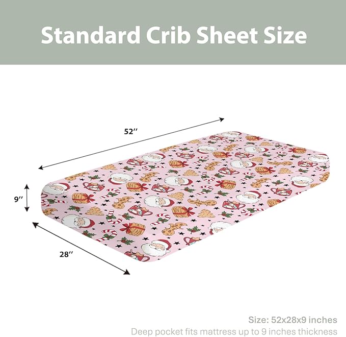 Sweet Christmas Pink Baby Crib Sheets for Boy Girl 52x28 Santa Claus Cherry Fir Candy Soft Snug Fitted Crib Mattress Cover Winter Holiday Festival Baby Sheet for Standard Crib & Toddler Bed Mattress
