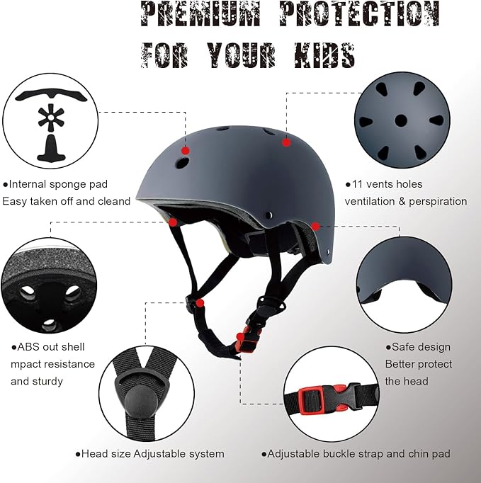 Kids Bike Helmet, CPSC & ASTM Certified, Adjustable EPS Protective Gear, 5 Colors, Multi-Sport for Boys & Girls, 11 Vents, Free Sports Drawstring Bag
