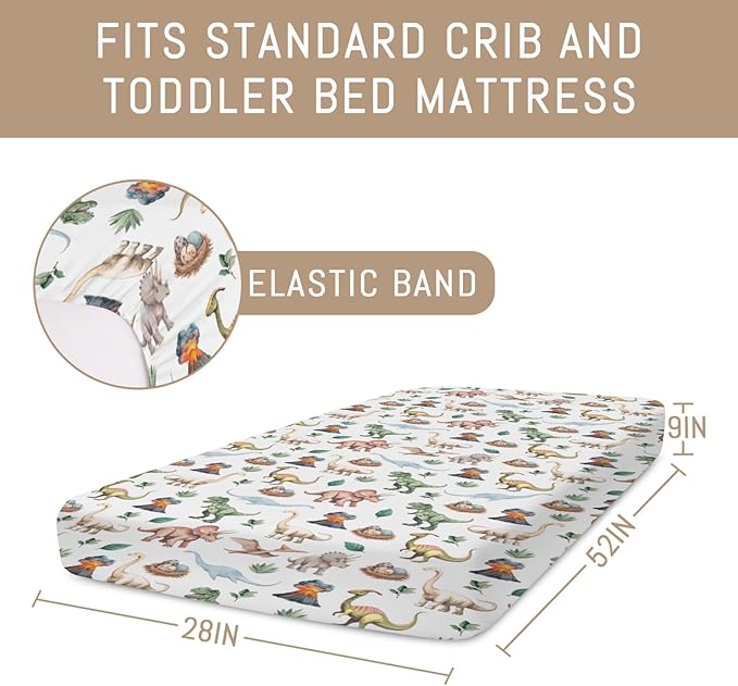Watercolor Dinosaurs Baby Crib Sheets for Boy Girl Dino Eggs Leaves Volcano Adventure Soft Snug Fitted Crib Mattress Covers Fit 52''x28'' Standard Crib & Toddler Mattress Jungle Animal Bed Sheets
