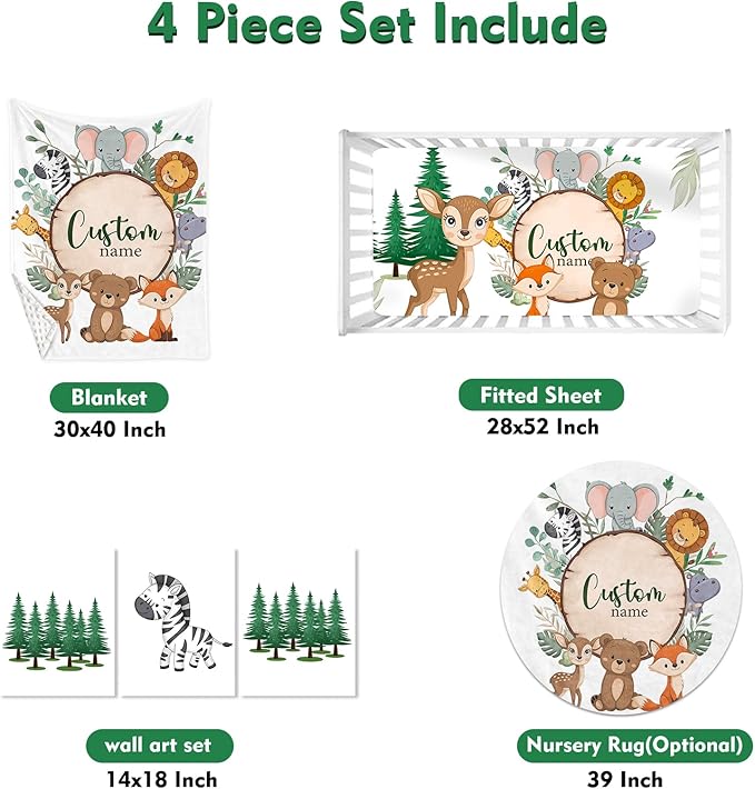 Personalized Baby Crib Bedding Set: 4 Piece Custom Animal Theme Crib Bed Set with Name, Nursery Bedding Set for Baby Girls, Newborn Boys Crib Sets, Crib Bedding Custom Gift, Crib Sheet