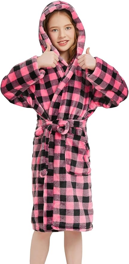 Boys Girls Robe Kids Flannel Hooded Bathrobe Sleepwear Pajamas Toddler Soft Plush Robes for Girls 2-16 Years